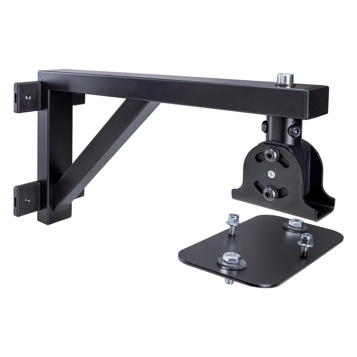19450 long arm speaker wall mount bracket full view with diagonal brace, wall plates and detached mounting plate with hex bolts, K&M