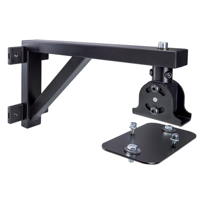 19450 long arm speaker wall mount bracket full view with diagonal brace, wall plates and detached mounting plate with hex bolts, K&M