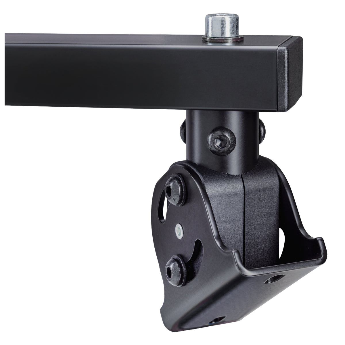 19450 speaker wall mount close-up of tilt joint with slotted adjustment plate, socket-head screws and swivel tube under the arm, K&M