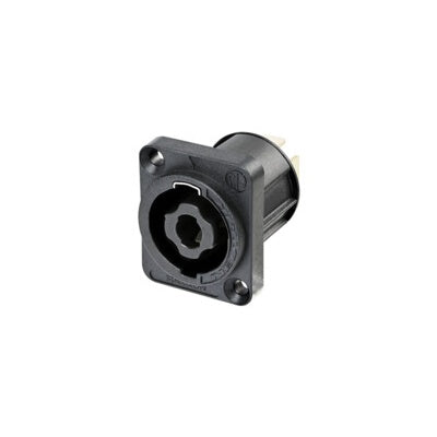 Neutrik NL4MPXX speakON 4 pole panel receptacle with black rectangular D-shape flange and tab terminals