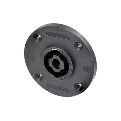 Neutrik NL4MPRXX speakON 4 pole round receptacle in black with four mounting holes, angled front view