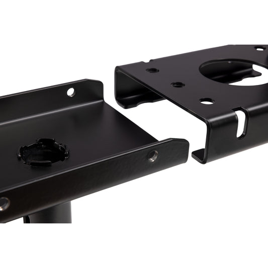 19420 ceiling mount close-up detail of the two-piece bracket plate halves with mounting holes, threaded insert and slotted side clamp, K&M