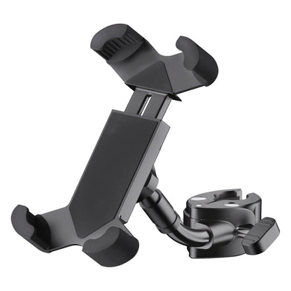 19755 smartphone holder front three-quarter view showing four rubber-tipped spring clamp arms and curved gooseneck arm to the stand clamp, K&M