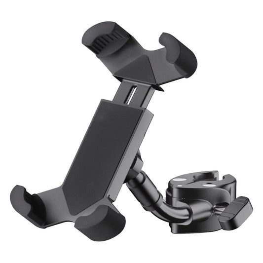 19755 smartphone holder front three-quarter view showing four rubber-tipped spring clamp arms and curved gooseneck arm to the stand clamp, K&M