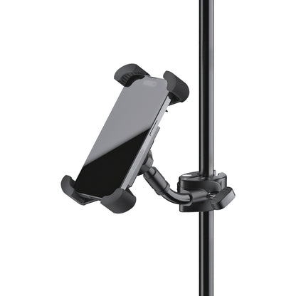 19755 smartphone holder in use gripping a smartphone and clamped to a vertical mic stand tube, K&M