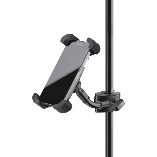19755 smartphone holder in use gripping a smartphone and clamped to a vertical mic stand tube, K&M