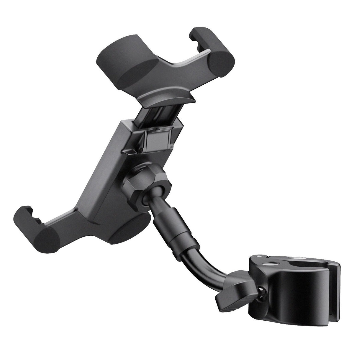 19755 smartphone holder rear angled view showing the swivel joint, curved arm and open quick-release stand clamp, K&M
