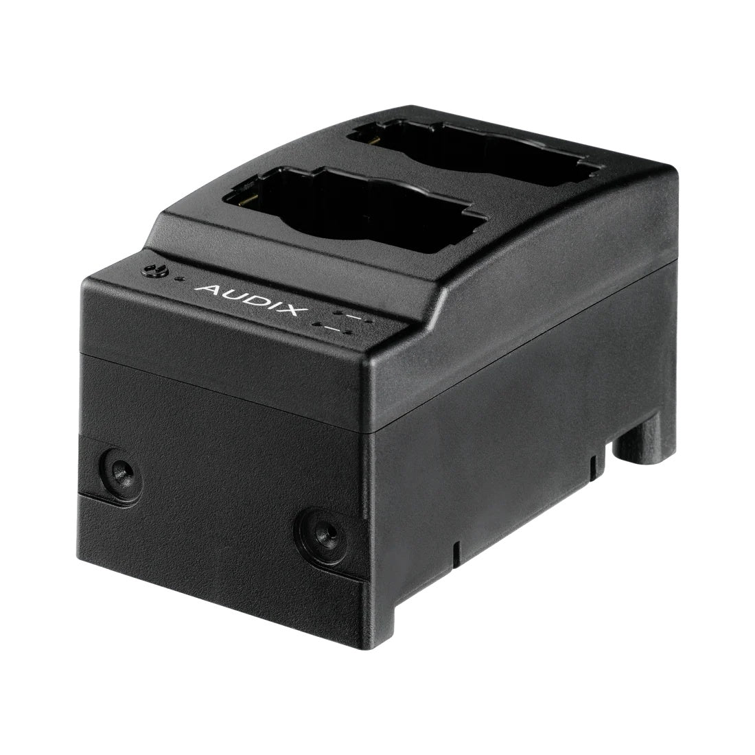 NCC2 Novacore 2-bay charge station three-quarter view showing angled black chassis with dual transmitter docking bays, Audix