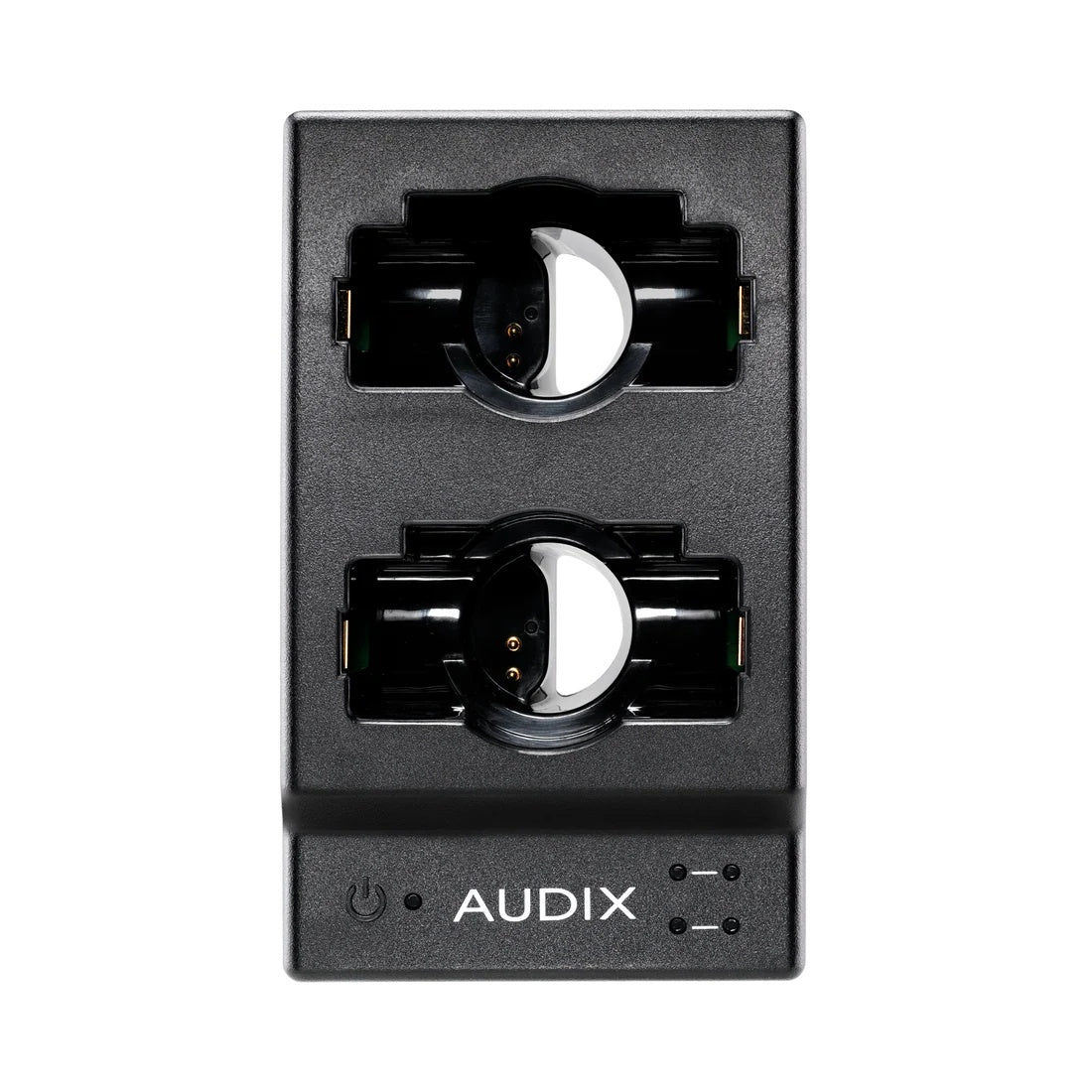 NCC2 top view showing two contoured charging bays, power button and dual status LED indicators, Audix