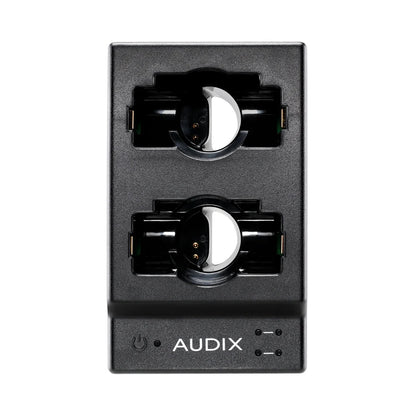 NCC2 top view showing two contoured charging bays, power button and dual status LED indicators, Audix