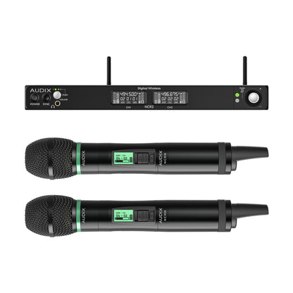 NC2HEC Novacore dual-channel wireless system in the box with NCR2 receiver and two NCHH handheld transmitters, Audix