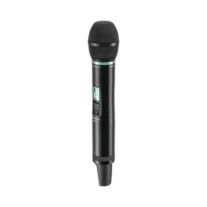 NC2HEC handheld transmitter angled view with NCEC capsule, green ID ring and backlit group/channel display, Audix