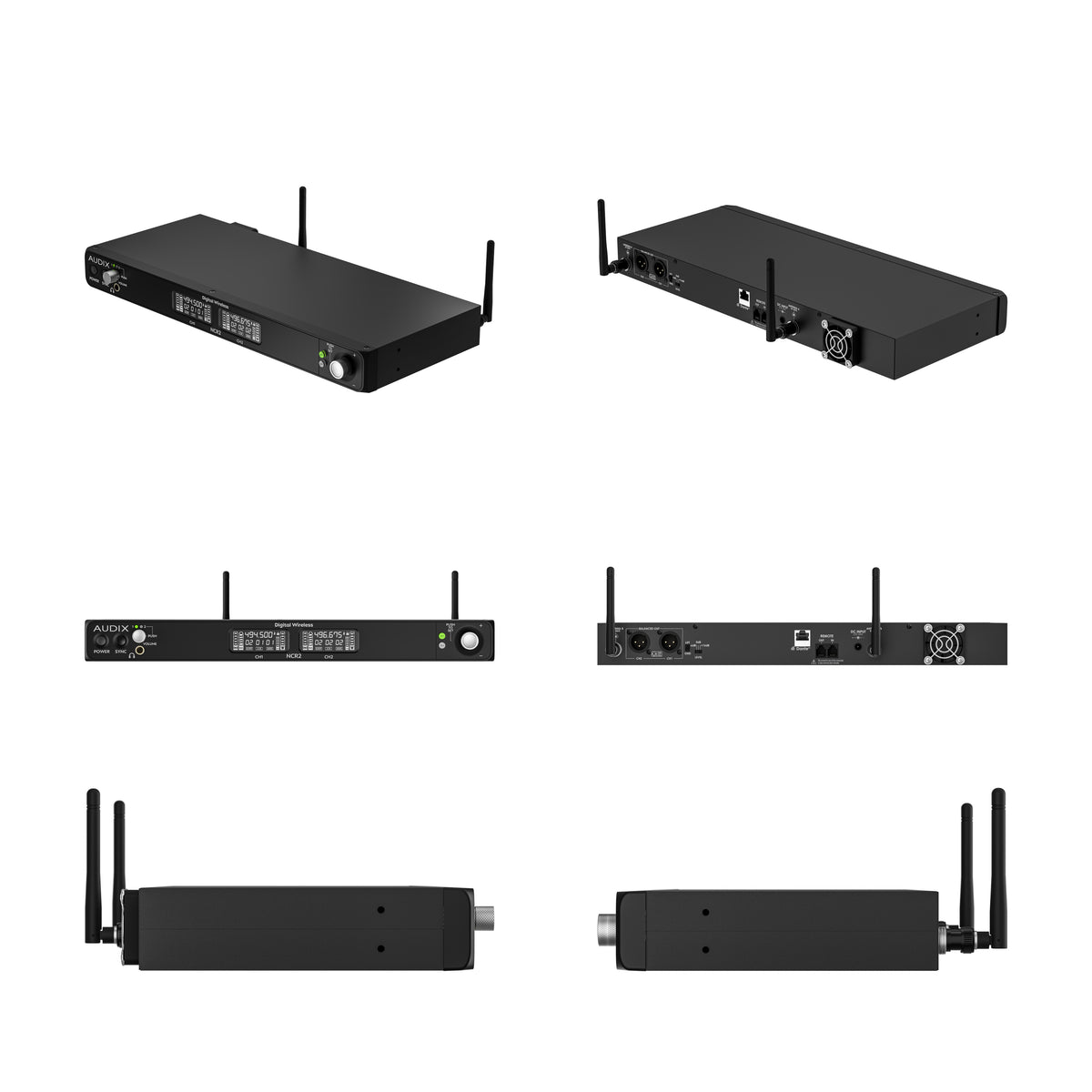 NCR2 receiver multi-angle views with front display, rear XLR outputs, network port and antenna connectors, Audix