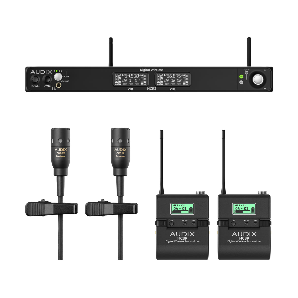 NC2BX10 dual-channel wireless system in-the-box layout with NCR2 receiver, two NCBP bodypack transmitters and two ADX10 lavalier mics, Audix
