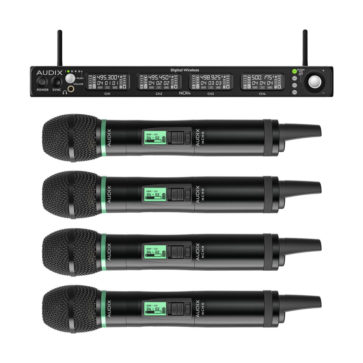 NC4HEC quad wireless system in-the-box layout with NCR4 four-channel receiver and four NCHH handheld transmitters, Audix