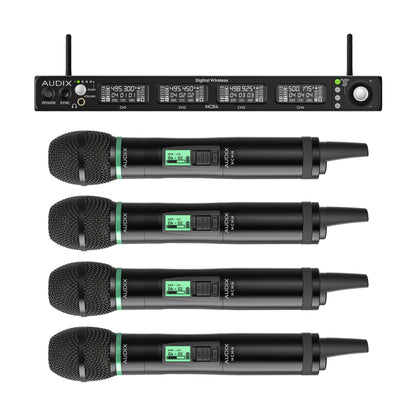 NC4HEC quad wireless system in-the-box layout with NCR4 four-channel receiver and four NCHH handheld transmitters, Audix