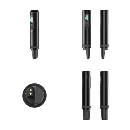NCHH handheld transmitter body multi-angle views with LCD, on/mute switch and USB-C charging contacts on base, Audix