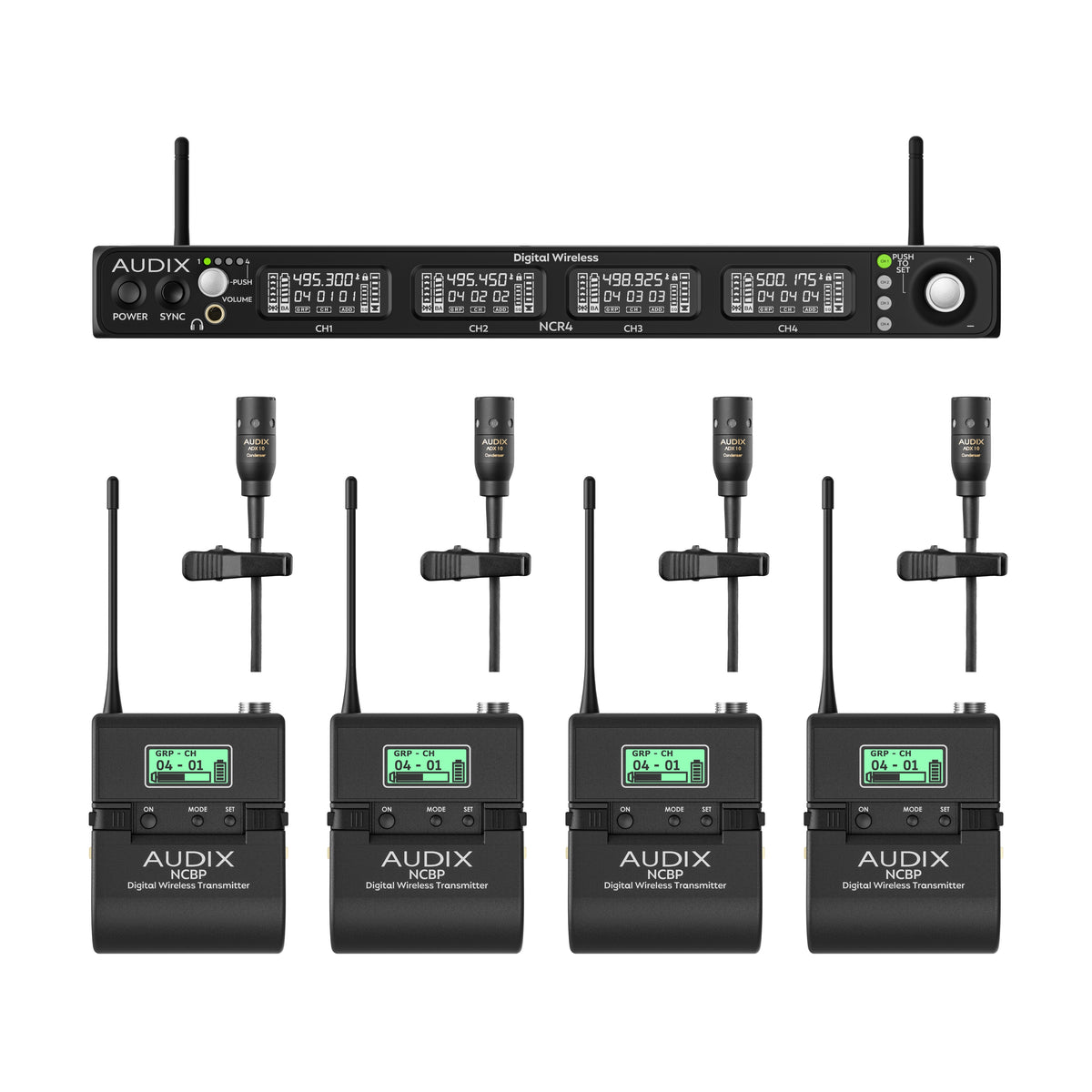 NC4BX10 quad-channel Novacore wireless lav system in-the-box layout with NCR4 four-channel receiver, four NCBP bodypack transmitters and four ADX10 lavalier mics, Audix