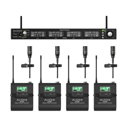 NC4BX10 quad-channel Novacore wireless lav system in-the-box layout with NCR4 four-channel receiver, four NCBP bodypack transmitters and four ADX10 lavalier mics, Audix