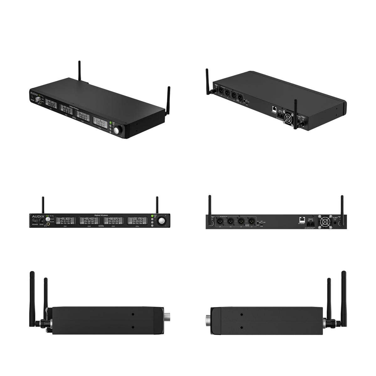 NCR4 rackmount receiver six-view layout showing front LCD channel meters, rear XLR outputs, antenna ports and network jack, Audix