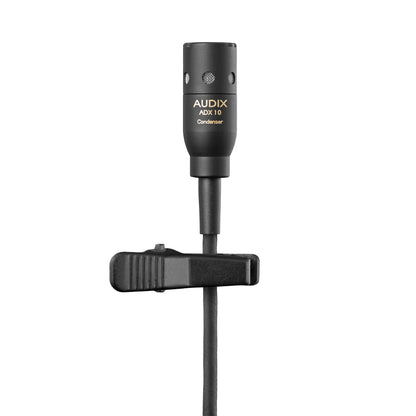 ADX10 condenser lavalier microphone front view with vented capsule head and tie clip on cable, Audix