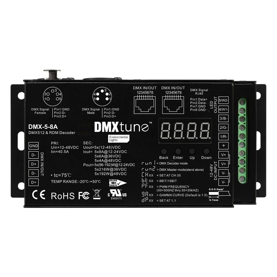DMXtune DMX-5-8A 5-channel DMX decoder top view showing 4-digit LED display, Back/Enter/Up/Down buttons, dual RJ45 DMX in/out ports and green screw terminal blocks, City Theatrical