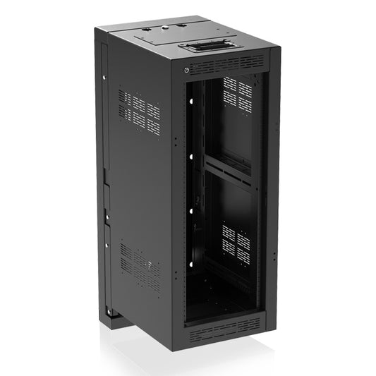 AtlasIED WMA16-19-HR 16 RU wall mount rack in black, angled front view showing open rails and vented side