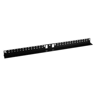 WMA-RR12 rear rack rail angled view showing punched rack hole pattern along black steel rail, AtlasIED