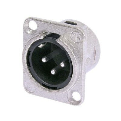 Neutrik NC3MD-L-1 XLR panel mount receptacle with nickel D-shaped flange and three male pins, angled view