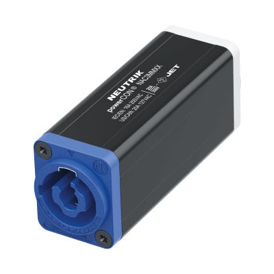 Neutrik NAC3MMXX powerCON coupler with blue locking connector and black body, angled view