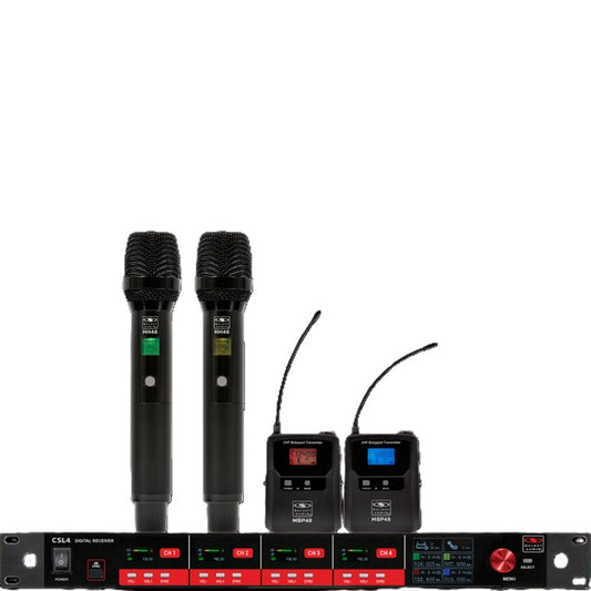 Galaxy Audio CSL4 4-Channel Rackmount Digital UHF Diversity Wireless System | (2) Handheld Vocal Mic Tranmitters and (2) Bodypack Transmitters