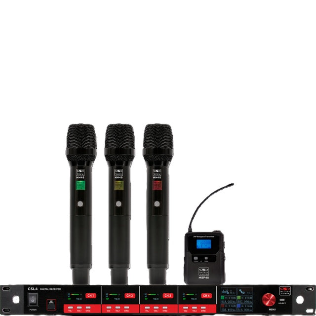 Galaxy Audio CSL4 4-Channel Rackmount Digital UHF Diversity Wireless System | (3) Handheld Vocal Mic Tranmitters and (1) Bodypack Transmitters