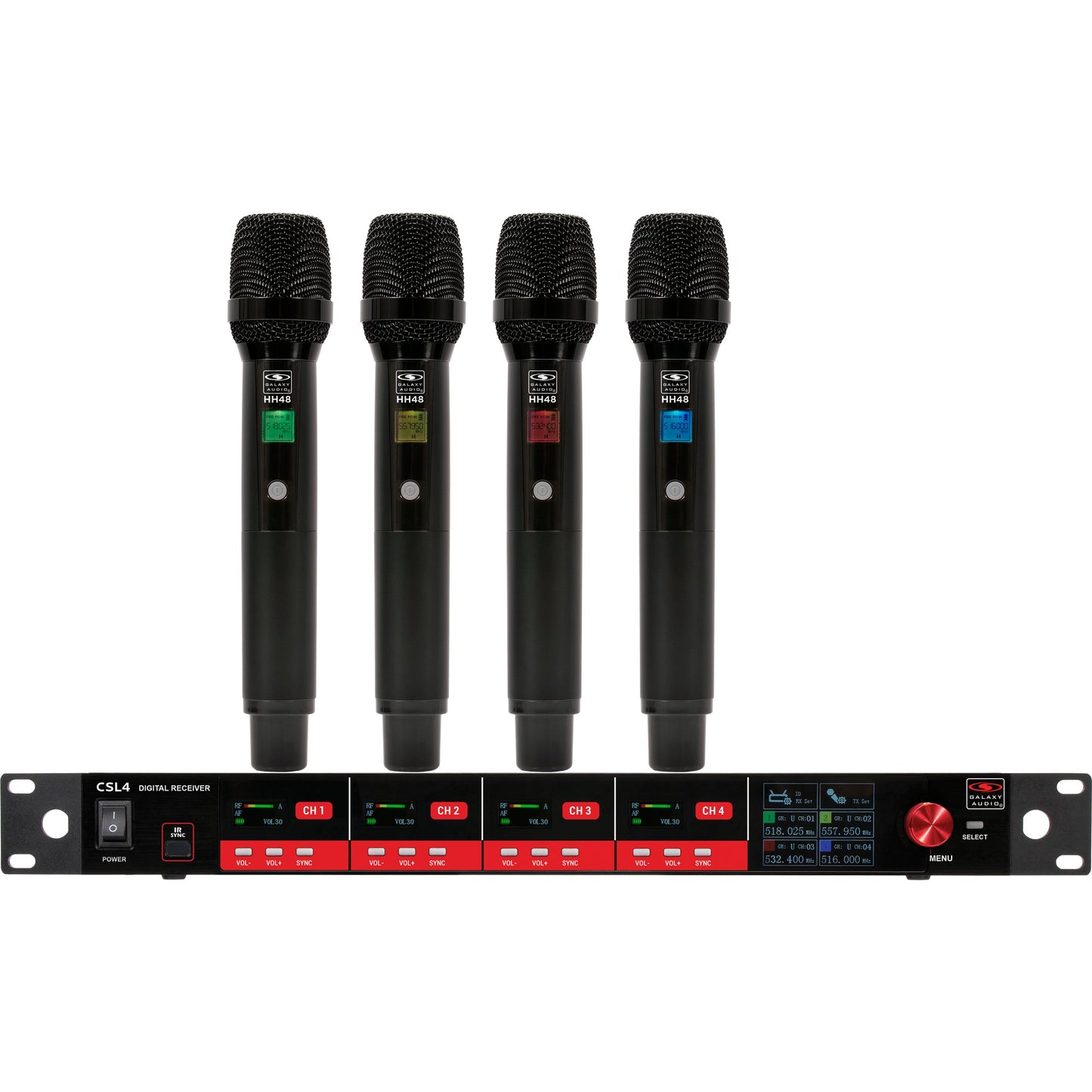 Galaxy Audio CSL4 4-Channel Rackmount Digital UHF Diversity Wireless System | (4) Handheld Vocal Mic Tranmitters