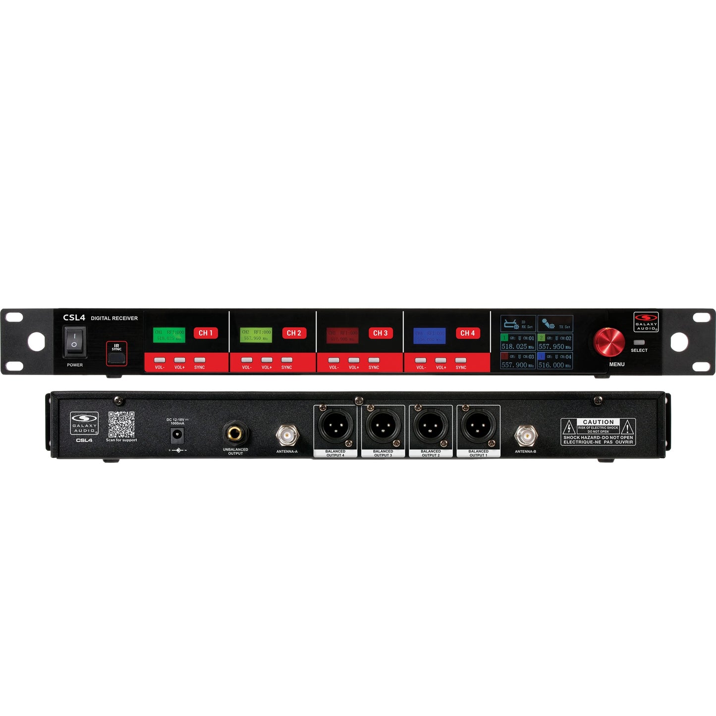 Galaxy Audio CSL4 4-Channel Rackmount Digital UHF Diversity Wireless System | (4) Handheld Vocal Mic Tranmitters