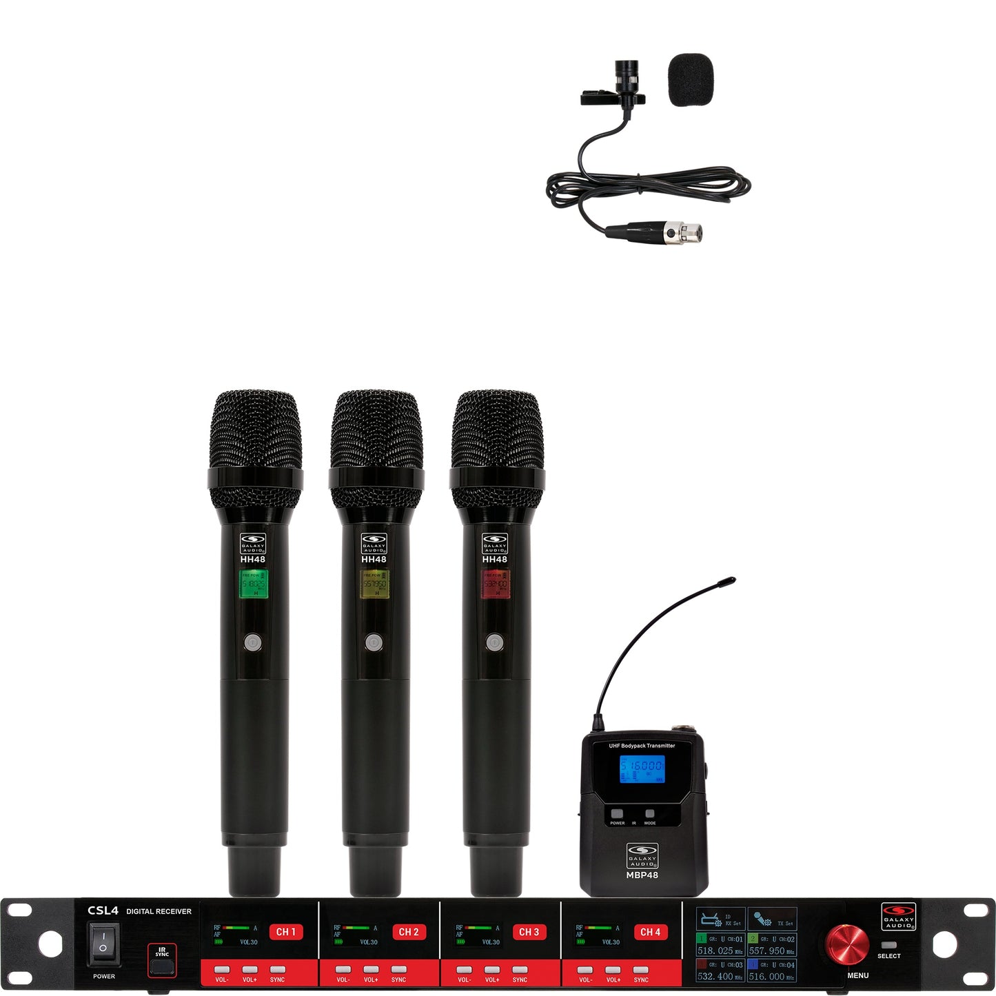 Galaxy Audio CSL4 4-Channel Rackmount Digital UHF Diversity Wireless System | (3) Handheld Vocal Mic Transmitters (1) Bodypack Transmitter w/ Lavalier Microphone