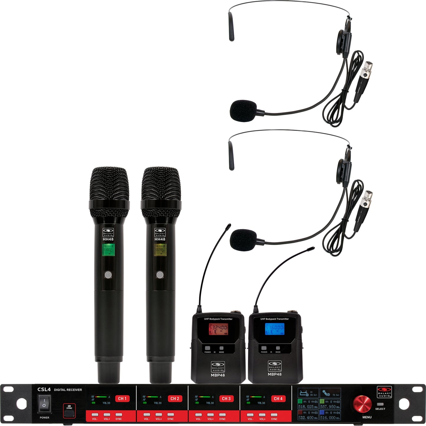 Galaxy Audio CSL4 4-Channel Rackmount Digital UHF Diversity Wireless System | (2) Handheld Vocal Mic Transmitters (2) Bodypack Transmitters w/ Headset Microphones