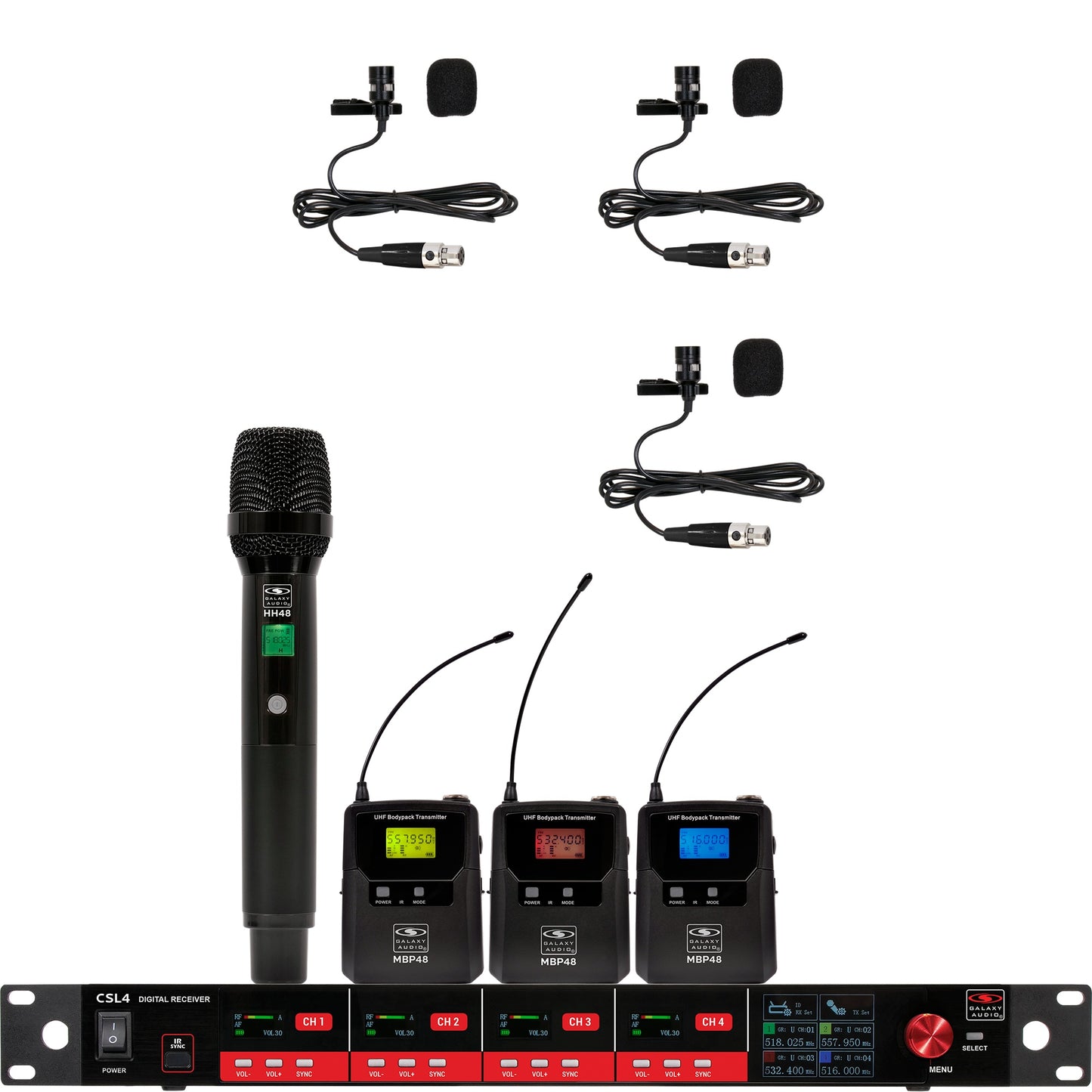 Galaxy Audio CSL4 4-Channel Rackmount Digital UHF Diversity Wireless System | (1) Handheld Vocal Mic Transmitter (3) Bodypack Transmitters w/ Lavalier Microphones