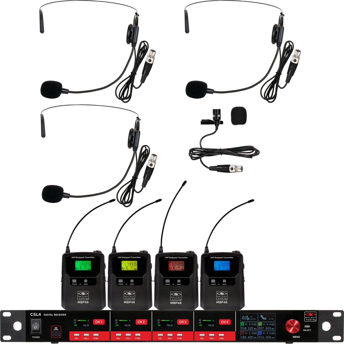 Galaxy Audio CSL4 4-Channel Rackmount Digital UHF Diversity Wireless System | (3) Bodypack Transmitters w/ Headset Microphones (1) Bodypack Transmitters w/Lavalier Microphone