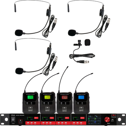 Galaxy Audio CSL4 4-Channel Rackmount Digital UHF Diversity Wireless System | (3) Bodypack Transmitters w/ Headset Microphones (1) Bodypack Transmitters w/Lavalier Microphone