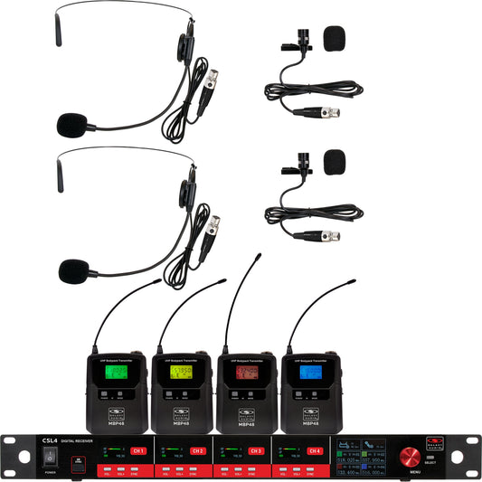 Galaxy Audio CSL4 4-Channel Rackmount Digital UHF Diversity Wireless System | (2) Bodypack Transmitters w/ Headset Microphones (2) Bodypack Transmitters w/Lavalier Microphone