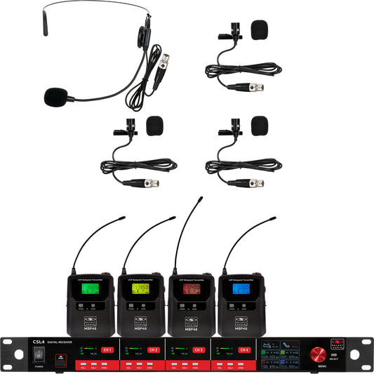 Galaxy Audio CSL4 4-Channel Rackmount Digital UHF Diversity Wireless System | (1) Bodypack Transmitters w/ Headset Microphones (3) Bodypack Transmitters w/ Lavalier Microphone