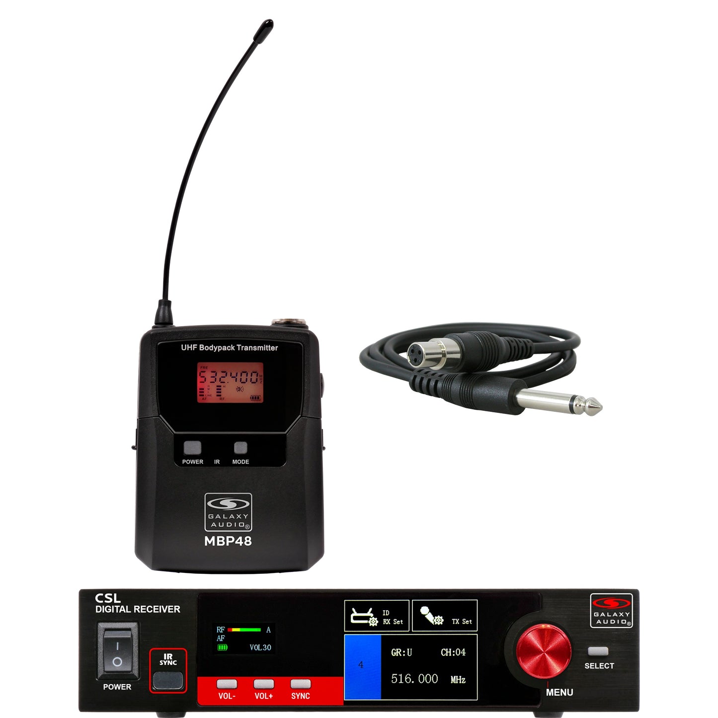 Galaxy Audio CSL Digital UHF Wireless System Single Channel True-Diversity | (1) Bodypack Transmitter and 1/4" Instrument Cable