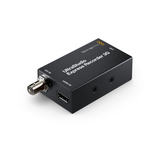Blackmagic Design UltraStudio Express Recorder 3G angled view showing SDI IN BNC and HDMI IN inputs