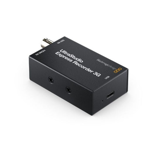 Blackmagic Design UltraStudio Express Recorder 3G rear angle with USB-C port on compact black chassis