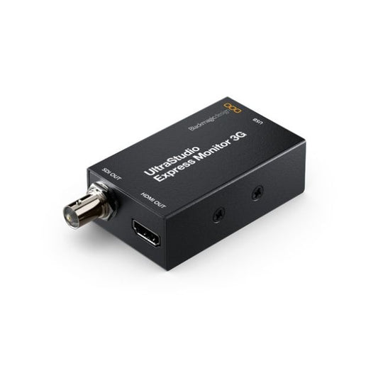 Blackmagic Design UltraStudio Express Monitor 3G angled view showing SDI OUT BNC and HDMI OUT ports