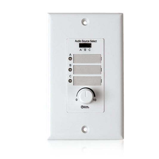 AtlasIED WPD-MIX42RT white wall plate front with A/B/C audio source select buttons and volume knob