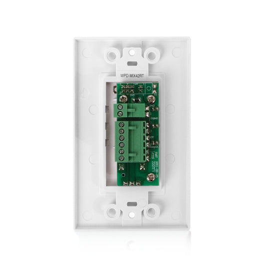 AtlasIED WPD-MIX42RT rear view showing green circuit board with screw terminal input and output blocks