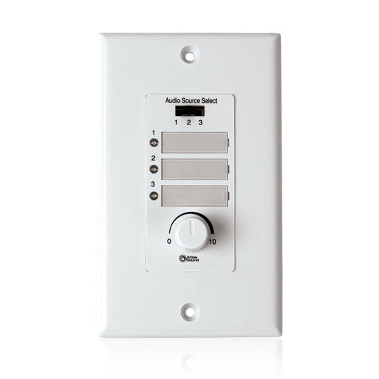 AtlasIED WPD-RISRL white wall plate front with Audio Source Select switch, labeled inputs and volume knob