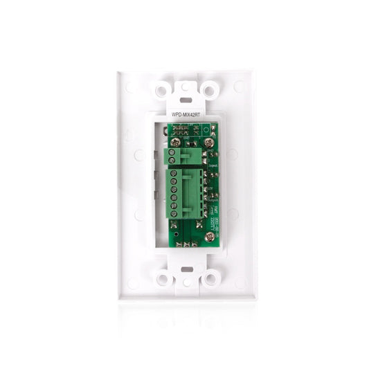 AtlasIED WPD-RISRL rear view showing green screw terminal blocks and circuit board behind the wall plate