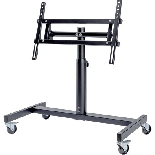 26787 mobile confidence monitor stand front three-quarter view with tilted VESA mounting bracket, steel column and swivel casters on H-shaped base, K&M